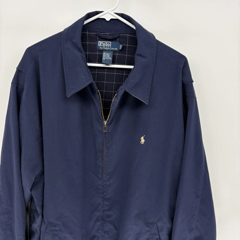 Vintage Polo Ralph Lauren Blue Harrington Jacket Grid Lined Full Zip Men 2LT
